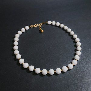 Vintage Monet Round White Ball Beaded Gold Accent Simple Neutral Choker Necklace